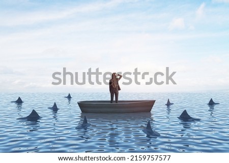 Strategy, leadership and competition concept with back view on businesswoman looking In the distance in a boat in the sea with sharks