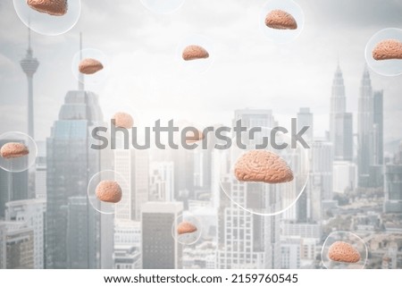 Freedom of thought and sci-fi concept with human brain in flying spheres over the city