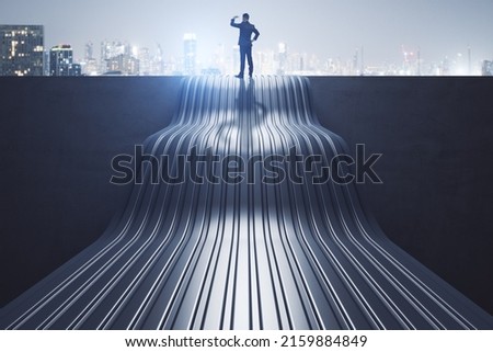 Back view of thoughtful young business man standing on abstract wave staircase on city background. Career, success and growth concept