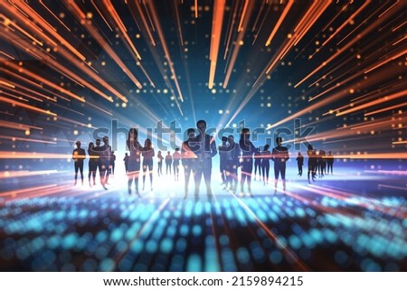 Virtual social network concept with group of business people on abstract digital bright technology background, double exposure