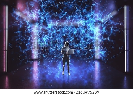 Internet security and personal data protection concept with front view on anonymous in hoody with laptop on abstract digital cyberspace background