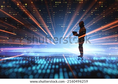 Hacking in cyberspace concept with hacker with laptop silhouette on abstract technology background