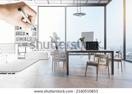 Modern office interior design project on high floor with city skyline view and hand drawn sketch of seating area with bookcase