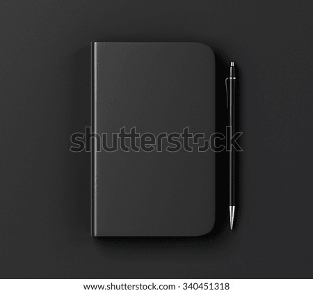 Cubierta de diario en blanco negro y bolígrafo sobre mesa negra, burlarse de la representación 3D