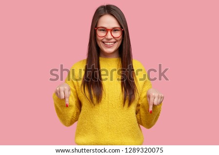 Similar – Image, Stock Photo Glad woman showing photo gesture near wall outdoors