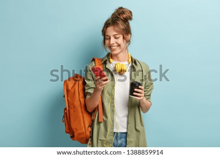 Similar – Image, Stock Photo Delighted female traveler out of car window