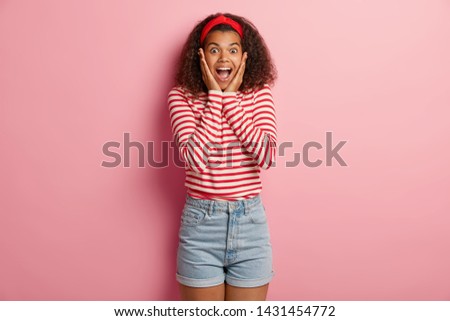 Similar – Image, Stock Photo Glad lady against pink background