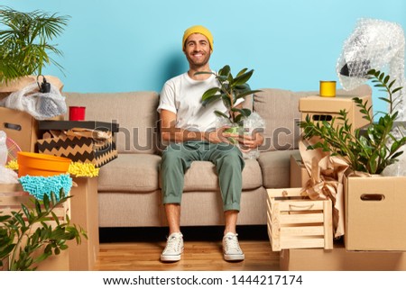 Satisfied guy poses in empty room on sofa, holds houseplant wrapped in polythene, being happy home owner, busy on moving day with unpacking, rents flat, poses against blue wall. Ownership concept