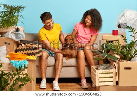 Horizontal shot of happy mixed race woman and man play with pedigree dog, pose on sofa in living room, unpacked things around, buy new dwelling, moves in new apartment, blue wall in background