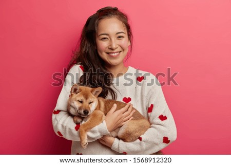 Similar – Image, Stock Photo Delighted teen woman taking selfie on smartphone