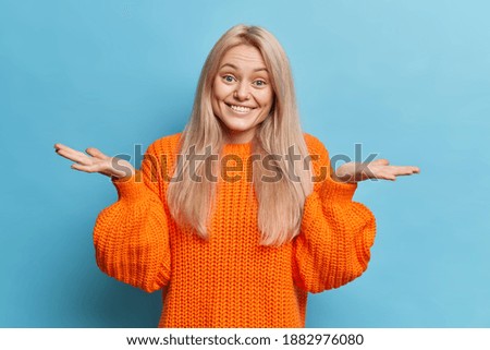 Similar – Image, Stock Photo Who are you? | Teacher points with her hand to the question on the board