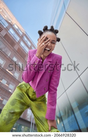 Similar – Image, Stock Photo Stylish black model with disco ball in neon light