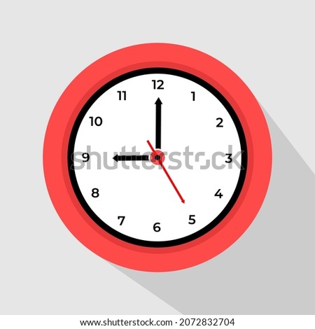 Clock icon design. Vector office clock icon with shadow. Nine o'clock.