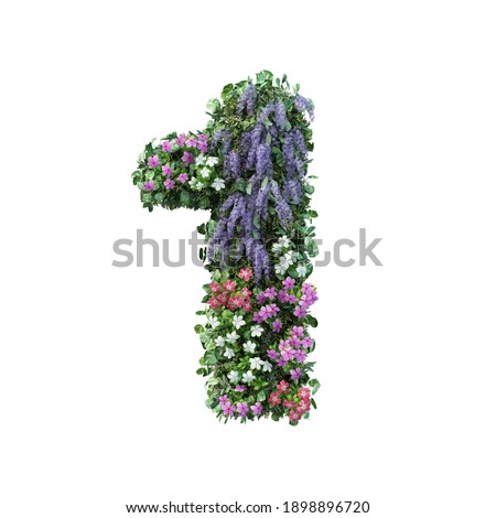 3d representación del número de jardín de flores vertical aislado en fondo blanco con recorrido de recorte