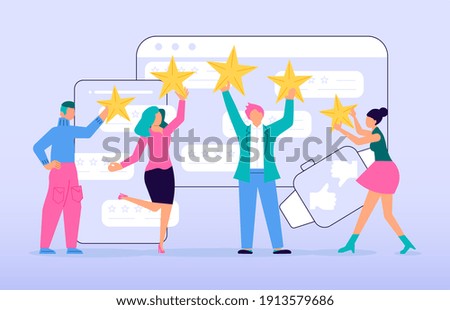 Tiny people with stars giving their choice for feedback concept. Customer review and satisfaction rating metaphor illustration. Rastered Copy