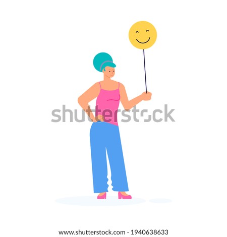 Woman with smile emoticon sign giving her choice for feedback concept. Customer review and satisfaction rating metaphor illustration Rastered Copy