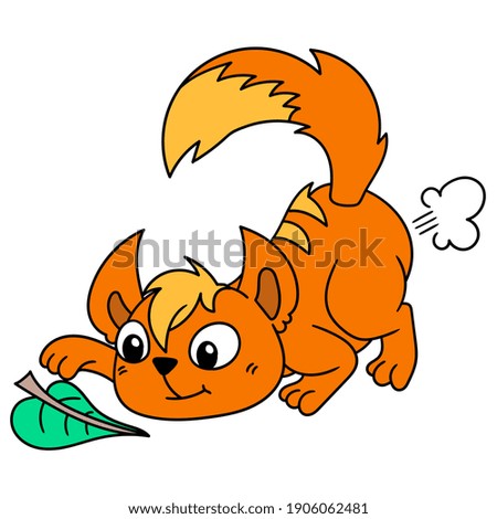 orange cat playing with a leaf, doodle draw kawaii. vector illustration art