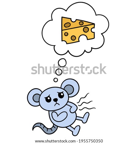 the mouse is saddened by hunger and imagines a piece of delicious cheese, vector illustration art. doodle icon image kawaii.