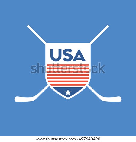 A vector American hockey crest on a blue background. The flat style crest features a star, stripes and crossed hockey sticks.