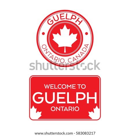 A crest and a welcome sign for Guelph, Ontario, Canada that features maple leaves.