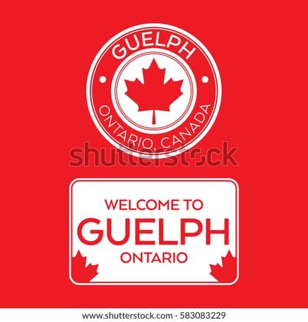A crest and a welcome sign for Guelph, Ontario, Canada that features maple leaves.