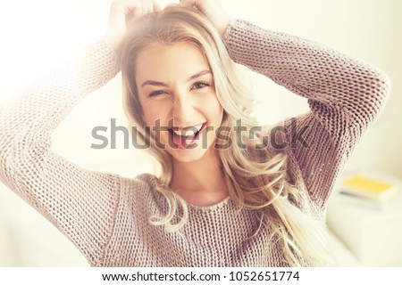 Similar – Image, Stock Photo Funny woman making silly face on street