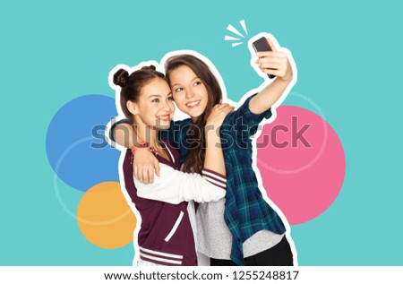 Similar – Image, Stock Photo Two teenager girls taking a selfie.