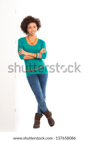 Similar – Image, Stock Photo Cheerful black woman leaning on railing in port