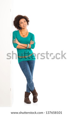 Similar – Image, Stock Photo thoughtful woman leaning on wall