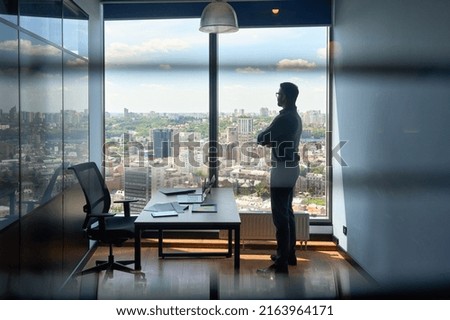 Silhouette of businessman standing in office with big city capital urban view.