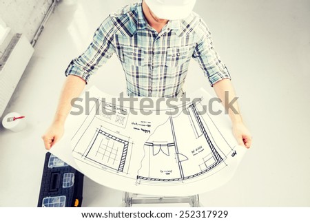 Similar – Image, Stock Photo Renovation concept. Male worker plastering a wall using a long spatula