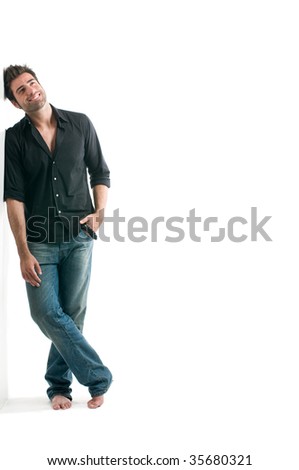 Similar – Image, Stock Photo Stylish dreamy man standing on rough brick wall