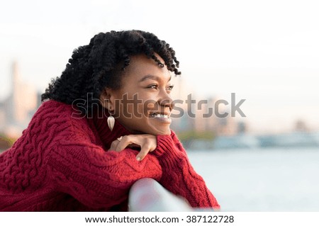 Similar – Image, Stock Photo thoughtful woman leaning on wall