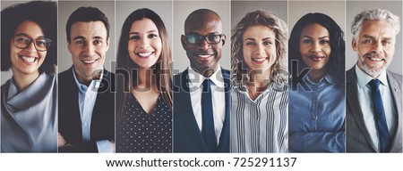 Collage of portraits of an ethnically diverse and mixed age group of focused business professionals 商業照片 © 