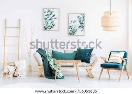 Similar – Image, Stock Photo Vintage sofa in moss green velvet with fringes stands on terracotta tiles. Coziness, old fashioned, past