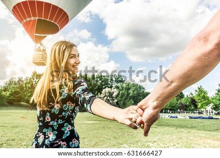 Similar – Image, Stock Photo Young tourist holding boyfriend hand in “Cuesta del rey chico” near to “La Alhambra” Granada, Spain