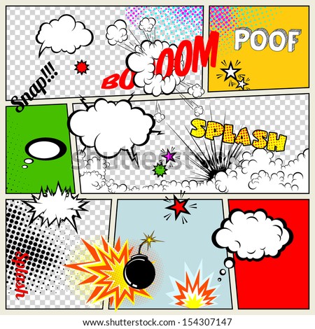 Grunge Retro Comic Speech Bubbles. Vector Illustration on Strip Background. Abstract Talking Clouds and Sounds.