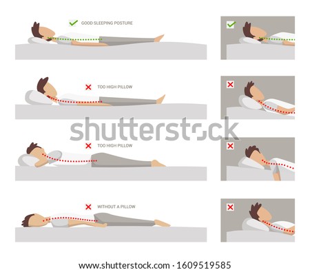 correct and incorrect sleeping position on her side. vector illustration