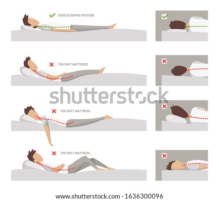 correct and incorrect sleeping position on her side. vector illustration