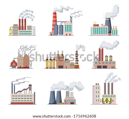 Set of Factories and power plants flat design of vector illustration. Manufactory industrial buildings refinery factory or Nuclear Power Stations. Building big of plants or factorys with pipe smoke