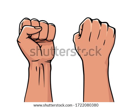 Winner rised clenched fist. Logo label design, concept of win. Two human hand up in the air. Vector illustration