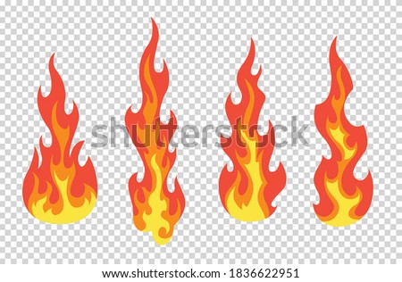 Set of red and orange fire flame. Flames of different shapes. Fireball set, flaming symbols. Idea of energy and power. Collection of hot flaming element. Vector icons in cartoon style