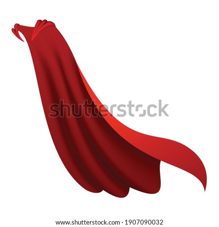 Superhero red cape. Scarlet fabric silk cloak in side view. Carnival or masquerade dress. Realistic costume design. Silk flying cape