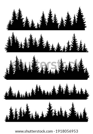 Set of fir trees silhouettes. Coniferous spruce horizontal background patterns, black evergreen woods vector illustration. Beautiful hand drawn panoramas of a coniferous forest