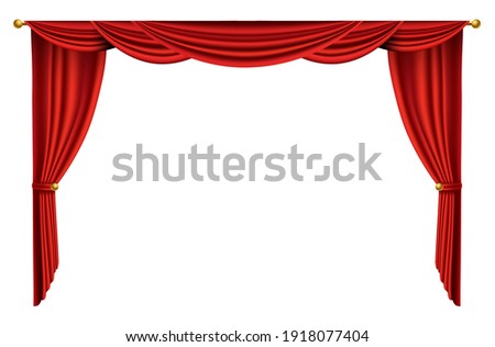 Red curtains realistic. Theater fabric silk decoration for movie cinema or opera hall. Curtains and draperies interior decoration object. Isolated on white for theater stage