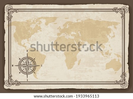 Old map frame with retro nautical compass on old paper texture. Hand drawn antique nautical old vector background. Wind rose for sea marine navigation. Vintage marine theme in vector