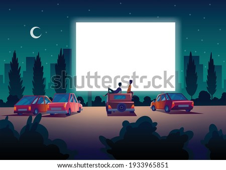 Car street cinema. Drive-in theater with automobiles stand in open air parking at night. Large outdoor screen. Cinema night vector banner in cartoon style