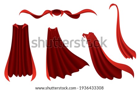 Superhero red cape. Scarlet fabric silk cloak in different position, front and side view. Carnival masquerade dress, 3d realistic costume design. Silk flying capes