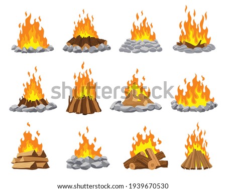 Fireplace campfire different types. Burning wood collection, travel and adventure symbol. Vector bonfire or woodfire in cartoon flat style set. A tourist bonfires in the diferent form of stack
