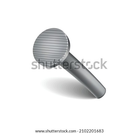 Hammered nail on surface. Iron, steel or silver pin head. Bent metal spike or hobnail with cap in cartoon style. Vector top view grey hardware for home construction, isolated on white background